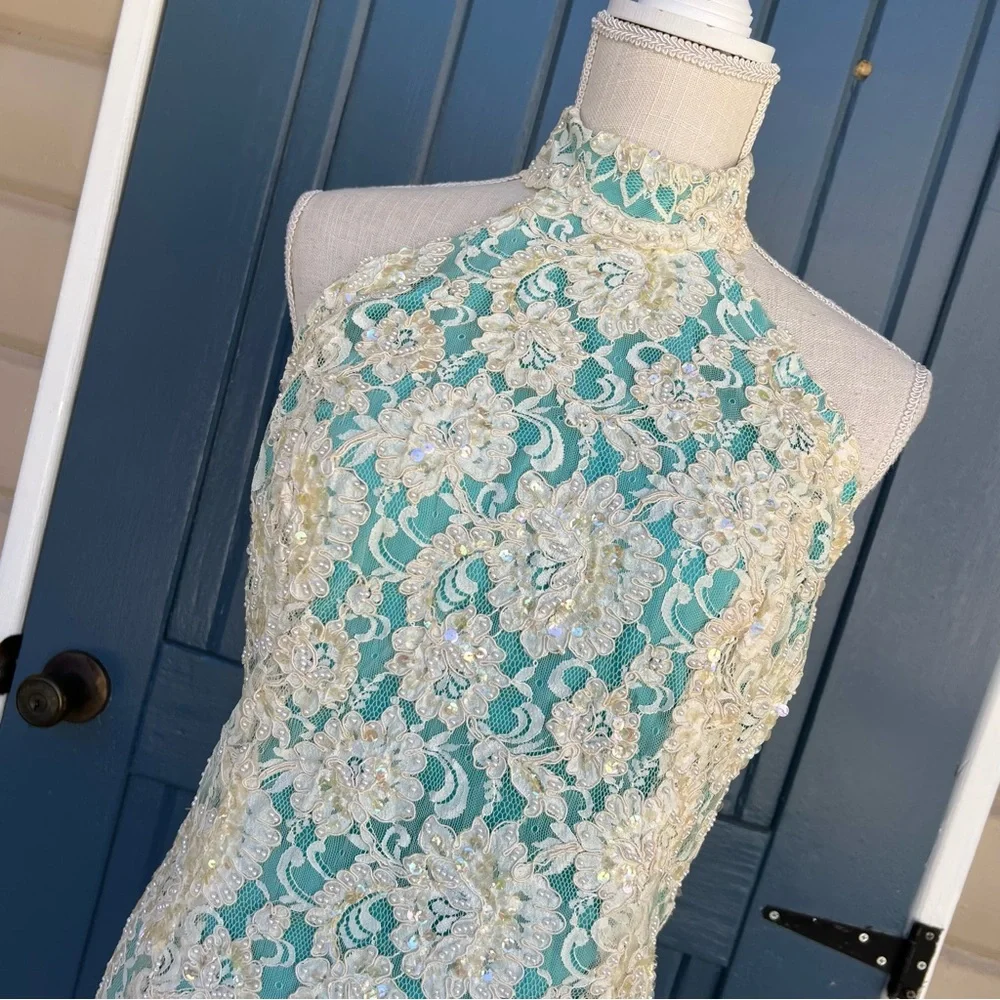 Vintage High-Neck Aqua Midi Dress Lace Overlay with embroidery pearl Size XS - Picture 5 of 9